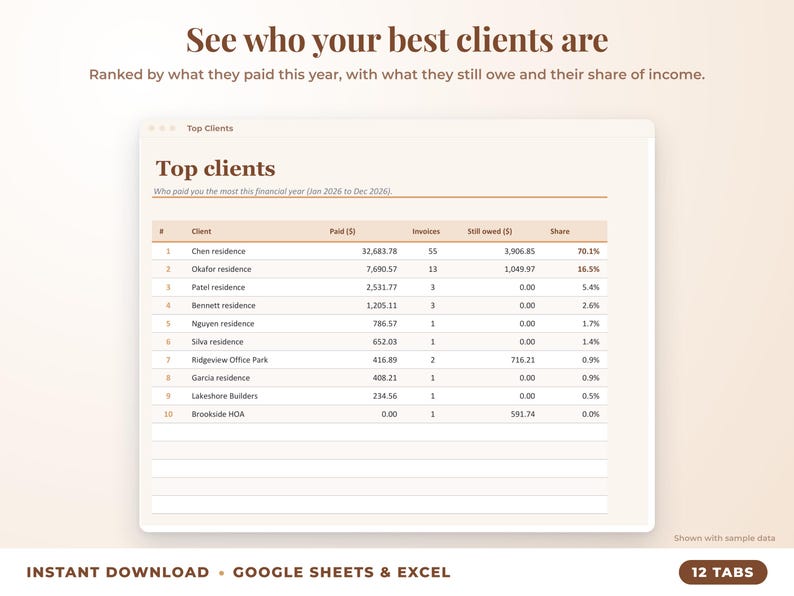 Top clients ranked by income with invoices, amount owed and share of income