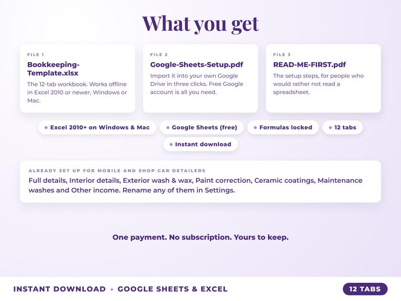 What is included: 12-tab Excel workbook, Google Sheets setup guide and read-me-first guide