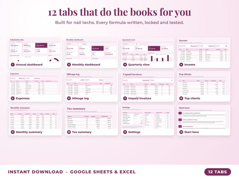 All 12 tabs of the bookkeeping spreadsheet: dashboards, income, expenses, mileage, unpaid invoices, top clients, tax summary