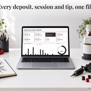 Tattoo Artist bookkeeping spreadsheet annual dashboard open on a laptop on a desk
