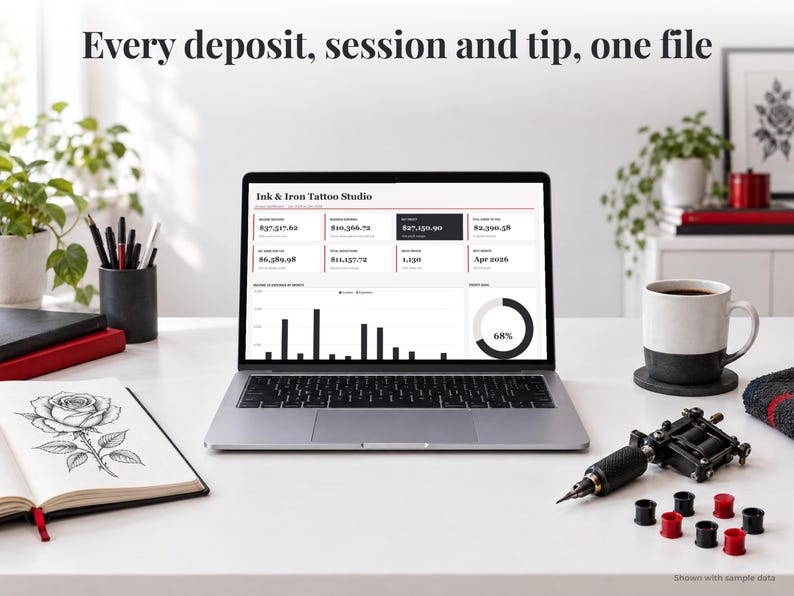 Tattoo Artist bookkeeping spreadsheet annual dashboard open on a laptop on a desk