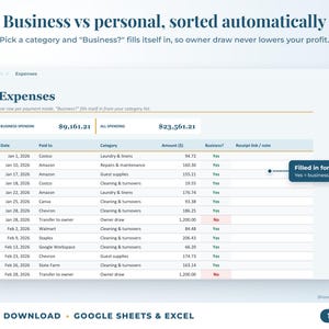 Expenses sheet where business or personal is filled in automatically from the category