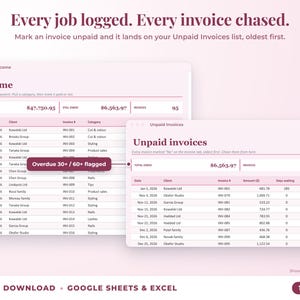 Income sheet and unpaid invoices list with overdue flags