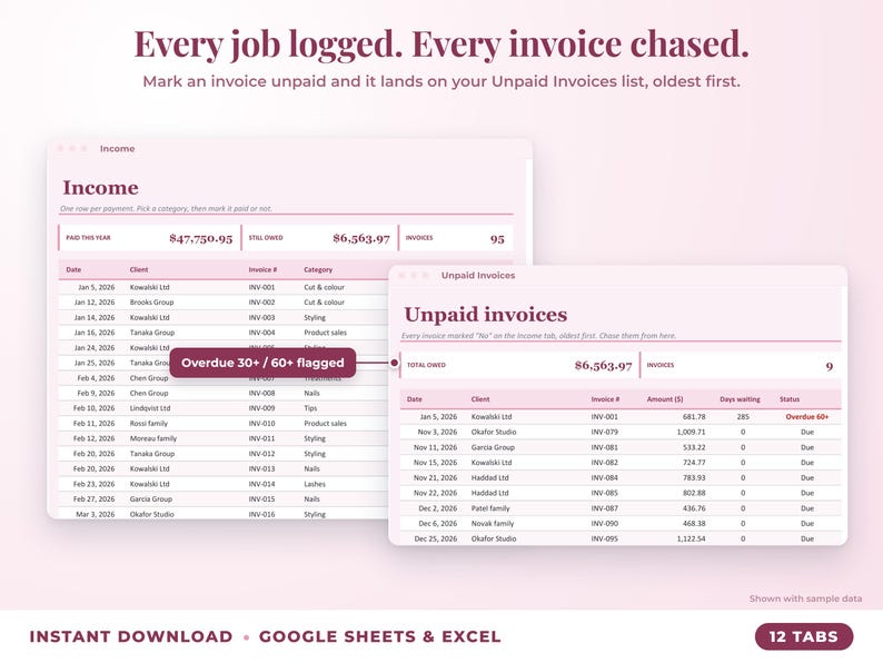 Income sheet and unpaid invoices list with overdue flags