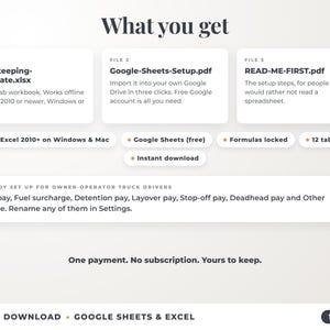 What is included: 12-tab Excel workbook, Google Sheets setup guide and read-me-first guide