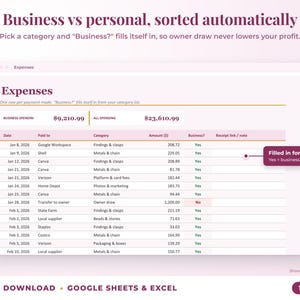 Expenses sheet where business or personal is filled in automatically from the category