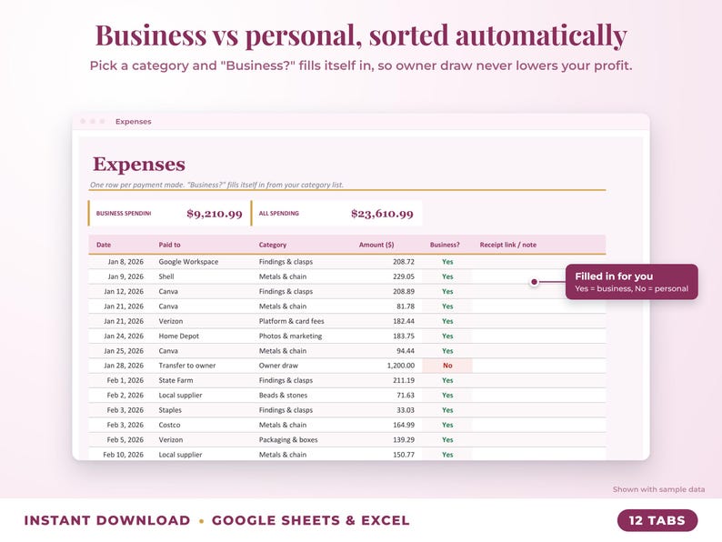 Expenses sheet where business or personal is filled in automatically from the category