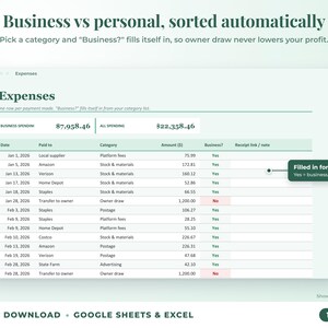 Expenses sheet where business or personal is filled in automatically from the category