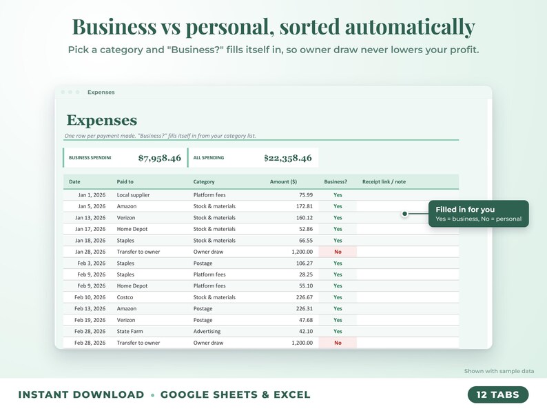 Expenses sheet where business or personal is filled in automatically from the category