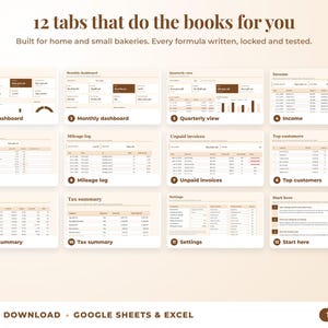 All 12 tabs of the bookkeeping spreadsheet: dashboards, income, expenses, mileage, unpaid invoices, top clients, tax summary