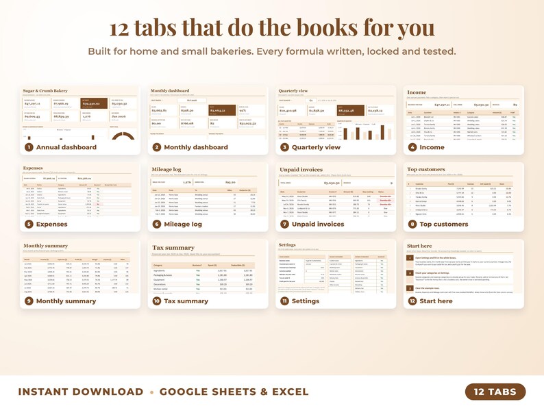 All 12 tabs of the bookkeeping spreadsheet: dashboards, income, expenses, mileage, unpaid invoices, top clients, tax summary