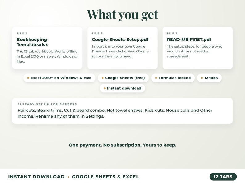 What is included: 12-tab Excel workbook, Google Sheets setup guide and read-me-first guide