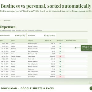 Expenses sheet where business or personal is filled in automatically from the category