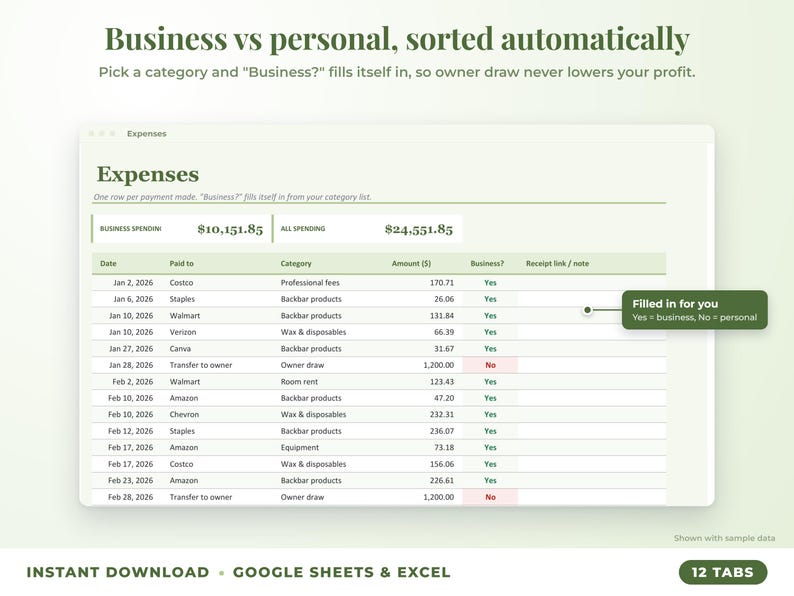 Expenses sheet where business or personal is filled in automatically from the category