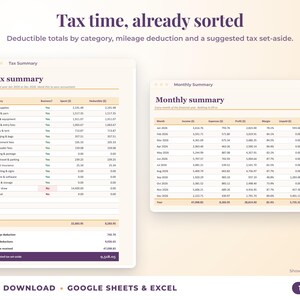 Tax summary with deductible totals, mileage deduction and suggested tax set-aside, plus monthly summary