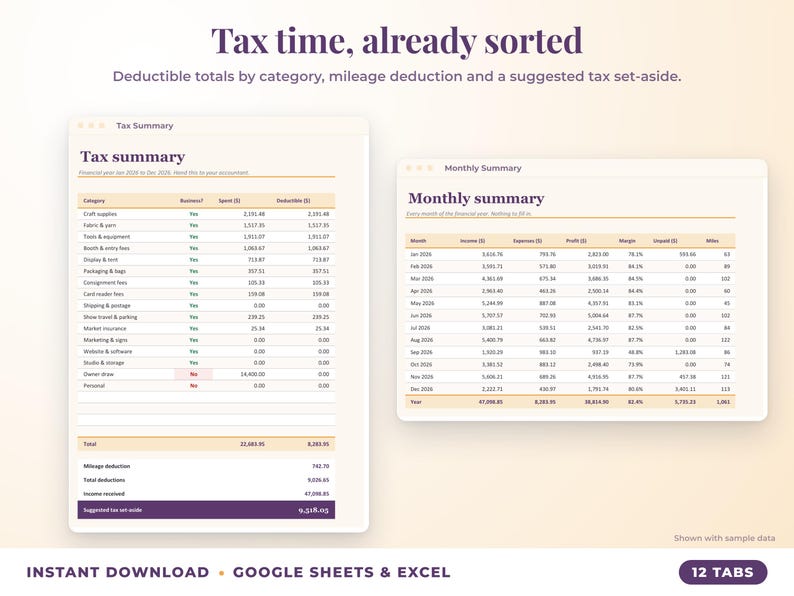 Tax summary with deductible totals, mileage deduction and suggested tax set-aside, plus monthly summary