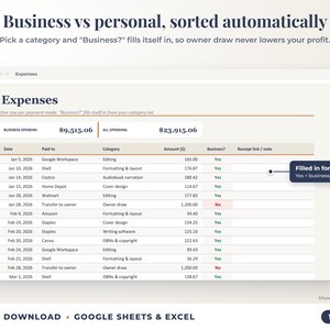 Expenses sheet where business or personal is filled in automatically from the category