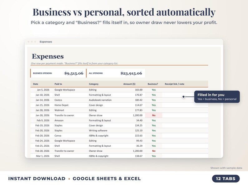 Expenses sheet where business or personal is filled in automatically from the category
