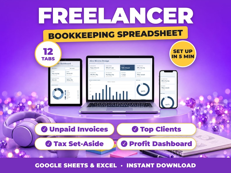Freelancer bookkeeping spreadsheet for Google Sheets and Excel on laptop, tablet and phone