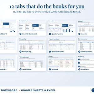 All 12 tabs of the bookkeeping spreadsheet: dashboards, income, expenses, mileage, unpaid invoices, top clients, tax summary