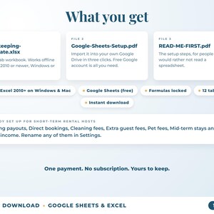 What is included: 12-tab Excel workbook, Google Sheets setup guide and read-me-first guide