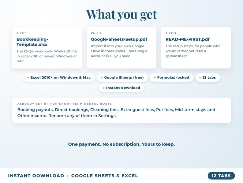What is included: 12-tab Excel workbook, Google Sheets setup guide and read-me-first guide