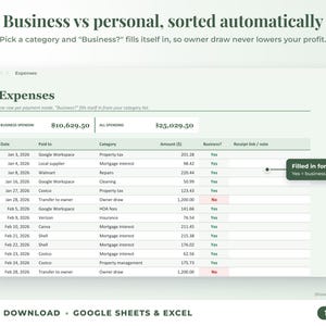 Expenses sheet where business or personal is filled in automatically from the category