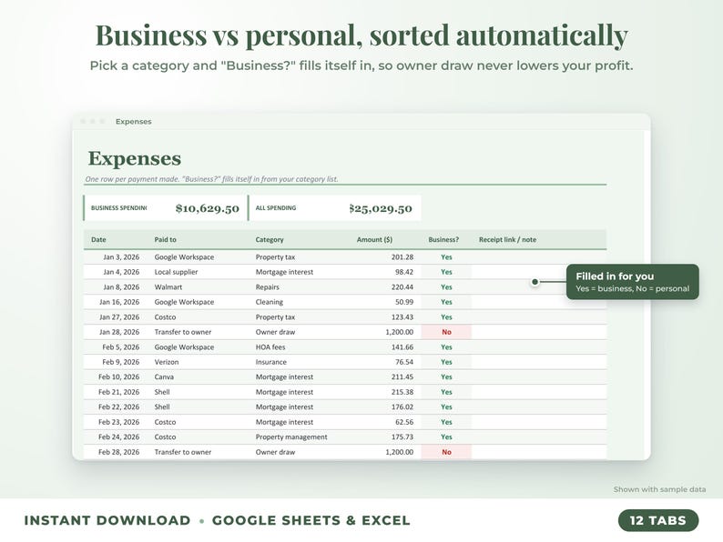 Expenses sheet where business or personal is filled in automatically from the category