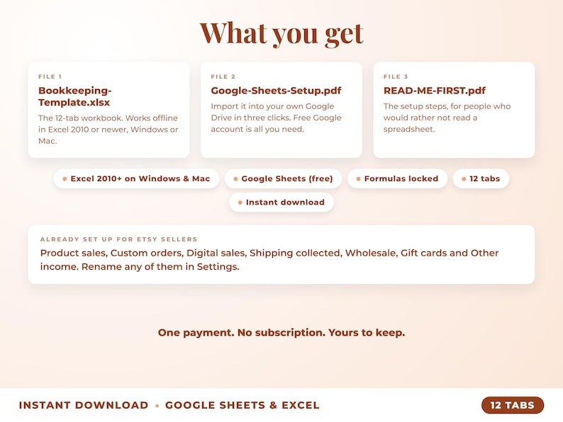 What is included: 12-tab Excel workbook, Google Sheets setup guide and read-me-first guide