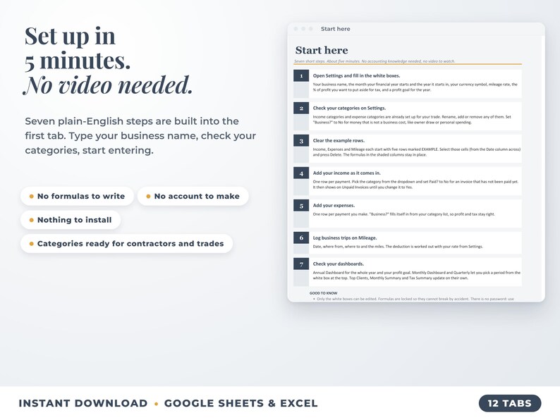 Start here tab with seven setup steps, no video needed