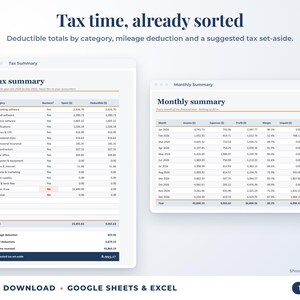 Tax summary with deductible totals, mileage deduction and suggested tax set-aside, plus monthly summary