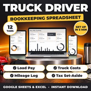 May include: A digital bookkeeping spreadsheet for truck drivers displayed on a laptop, tablet, and smartphone. The interface shows financial data, charts, and graphs. Includes a red toy truck, a travel mug, and keys on a map.