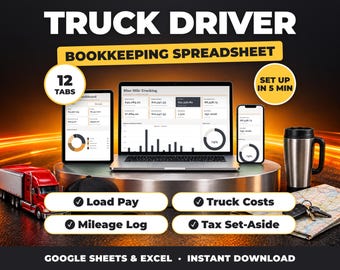 Kalkylblad för lastbilschaufförsbokföring, utgiftsspårare för ägare och förare, lastlön, bränsle- och lastbilskostnader, skattesammanfattning (Google Sheets + Excel)
