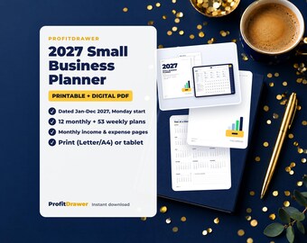 May include: A 2027 Small Business Planner printable and digital PDF by ProfitDrawer. The planner includes dated January to December 2027 pages with a Monday start, 12 monthly plans, 53 weekly plans, income and expense pages, and letter/A4 sizing.
