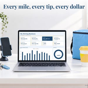 Delivery Driver bookkeeping spreadsheet annual dashboard open on a laptop on a desk