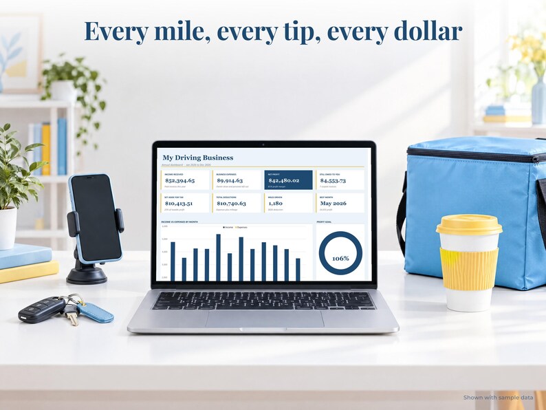 Delivery Driver bookkeeping spreadsheet annual dashboard open on a laptop on a desk