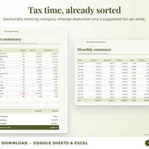 Tax summary with deductible totals, mileage deduction and suggested tax set-aside, plus monthly summary