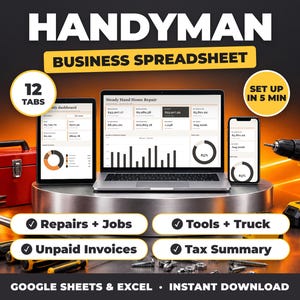 Może przedstawiać: Cyfrowy arkusz kalkulacyjny dla złotej rączki wyświetlany na laptopie, tablecie i smartfonie. Ekran pokazuje dane finansowe, wykresy i tekst "Steady Hand Home Repair". Wokół znajduje się czerwona skrzynka narzędziowa, młotek, wiertarka i śruby.