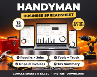 Kalkylblad för händiga företag, bokföring för händiga, inkomst- och utgiftsspårare, körsträckalogg, skattesammanfattning (Google Sheets + Excel)