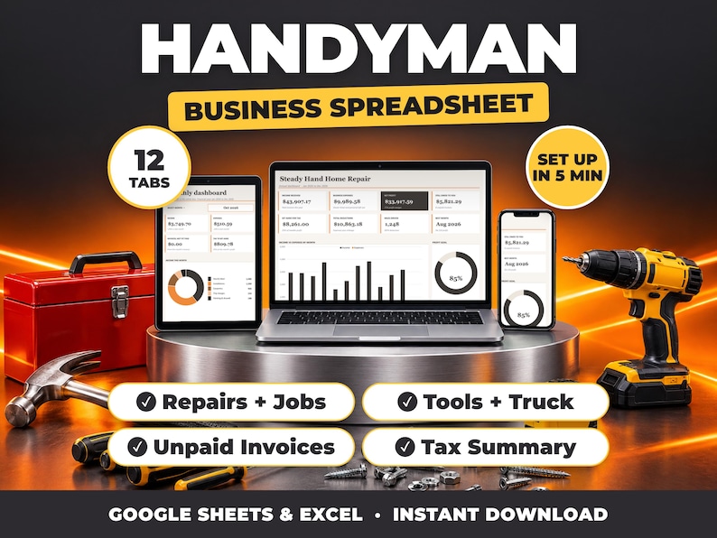 Handyman bookkeeping spreadsheet for Google Sheets and Excel on laptop, tablet and phone