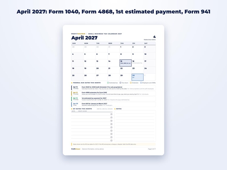 Small Business Tax Calendar 2027 + Quarterly Tax Tracker page preview