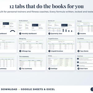 All 12 tabs of the bookkeeping spreadsheet: dashboards, income, expenses, mileage, unpaid invoices, top clients, tax summary