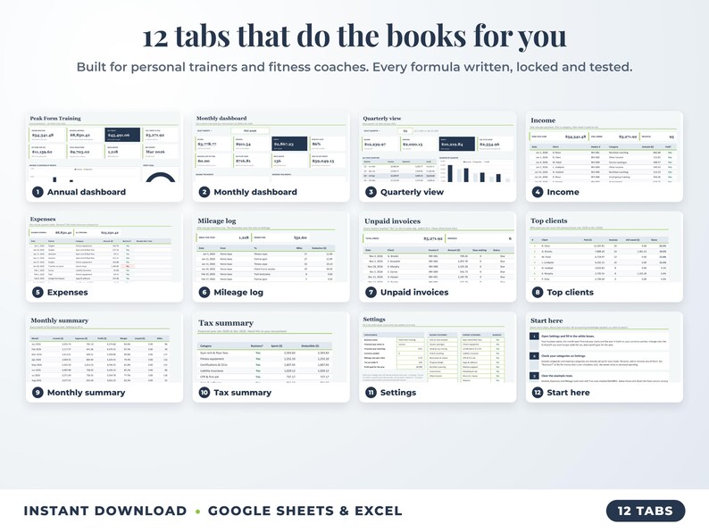All 12 tabs of the bookkeeping spreadsheet: dashboards, income, expenses, mileage, unpaid invoices, top clients, tax summary
