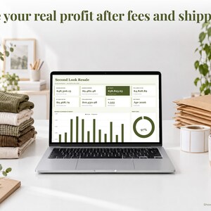 Reseller bookkeeping spreadsheet annual dashboard open on a laptop on a desk