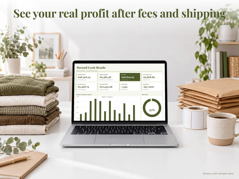 Reseller bookkeeping spreadsheet annual dashboard open on a laptop on a desk