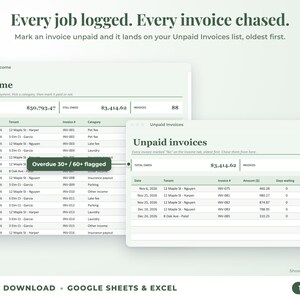 Income sheet and unpaid invoices list with overdue flags