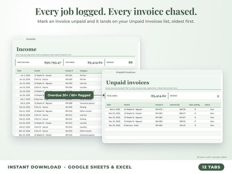 Income sheet and unpaid invoices list with overdue flags