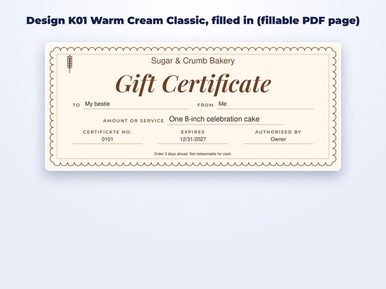 Gift Certificate Templates for Bakers & Small Shops page preview