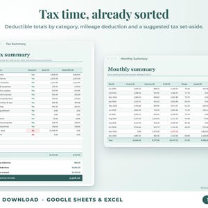 Tax summary with deductible totals, mileage deduction and suggested tax set-aside, plus monthly summary