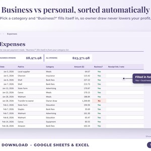 Expenses sheet where business or personal is filled in automatically from the category